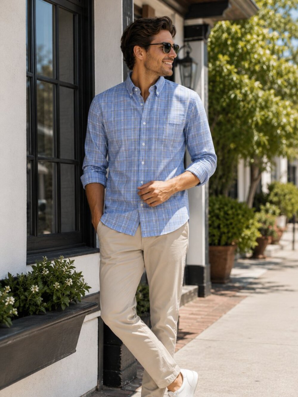 Geoffrey Beene Men Button Down Plaid Shirt Size S Blue Beige Long Sleeve NWT